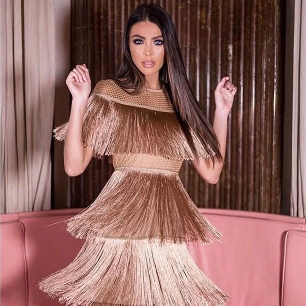 Elegant Fringe Dress - Dark Gold